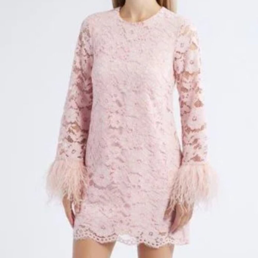 Likely Lorie Feather Trim Long Sleeve Lace Mini Dress in Rose Shadow NWT